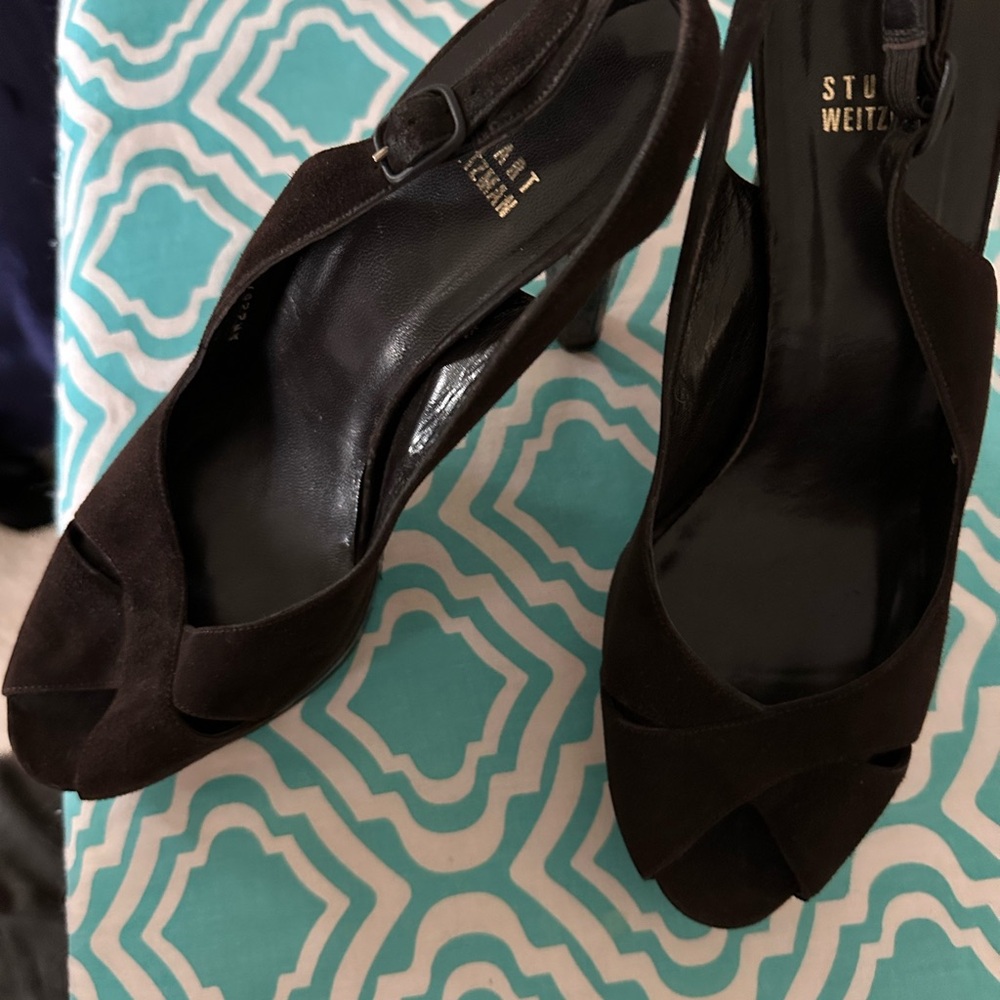 Stuart Weitzman Dark Brown Suede Peep-Toe Slingback Heels